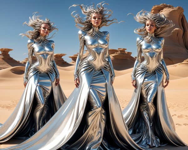 Futuristic Figures in Metallic Gowns in Desert Landscape