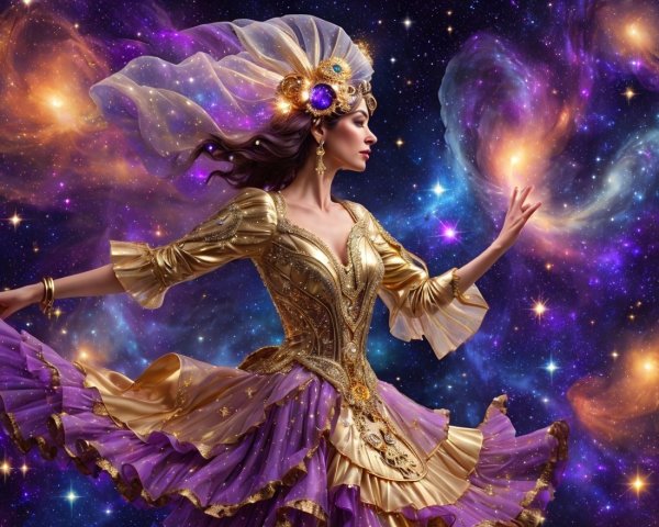 Celestial Dancer in Shimmering Gown and Cosmic Setting