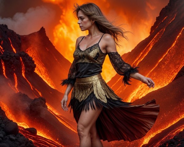 Woman in Black and Gold Dress by an Active Volcano