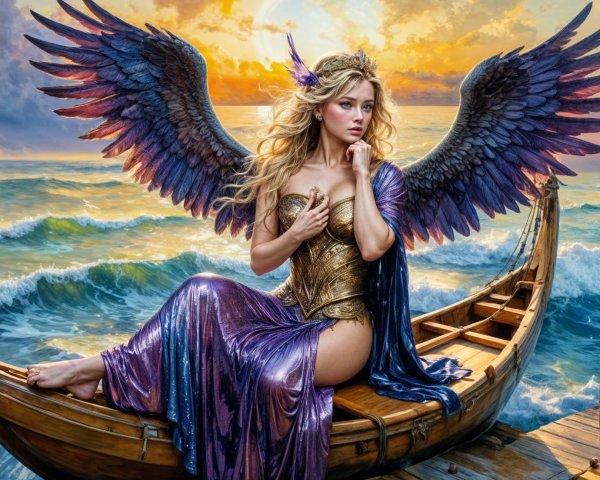 Majestic figure in boat with purple wings at sunset