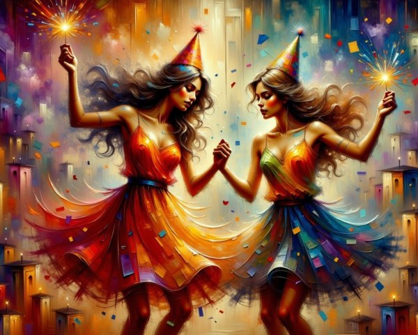 Women in vibrant dresses with sparklers at a party