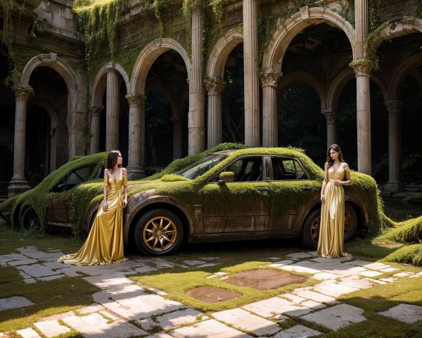 Surreal Scene of Women in Yellow Gowns in Courtyard