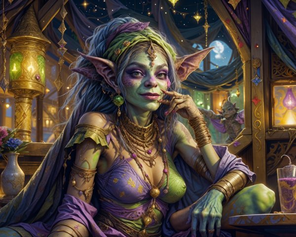Mystical Goblin Woman in Colorful Adorned Room