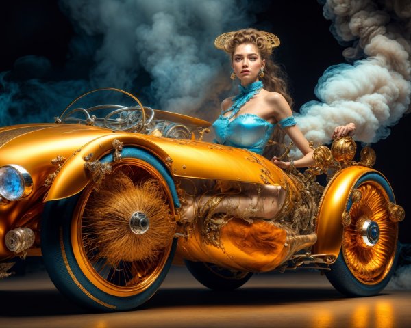Golden Car with Whimsical Features and Dreamlike Scene