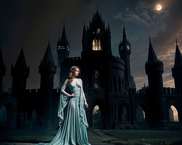 Regal Figure in Light Blue Gown by Gothic Castle