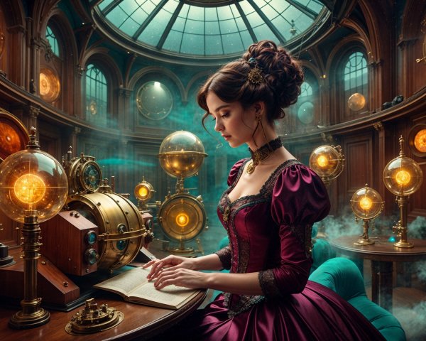 Elegant Woman in Celestial-Themed Library Setting