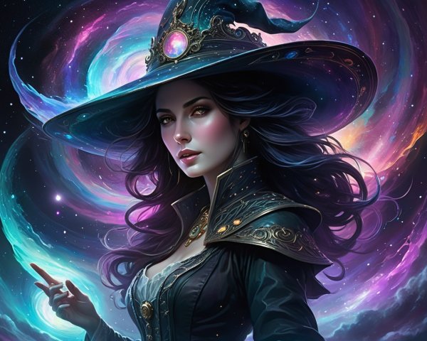 Elegant Cosmic Fantasy Witch in Stylish Attire