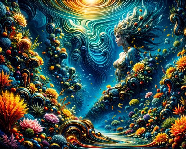 Celestial Woman in Vibrant Mystical Landscape