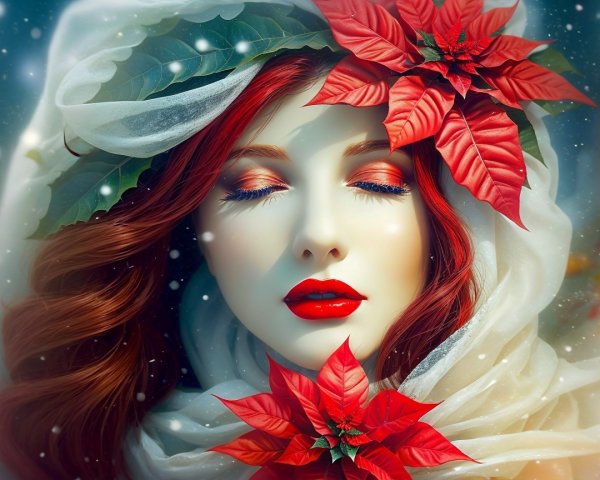 Detailed Portrait of a Young Woman with Poinsettias