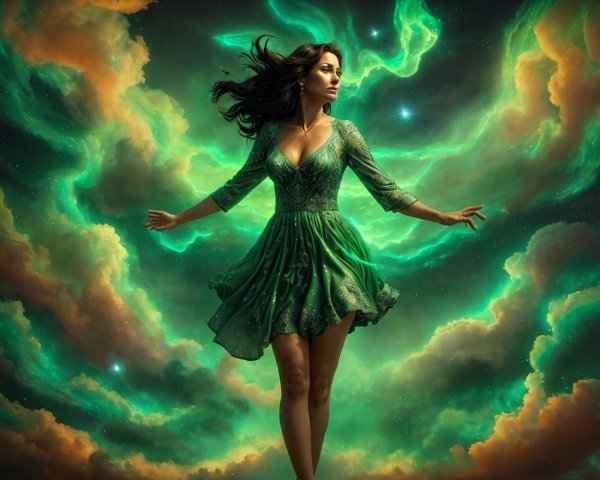 Woman in Green Dress Against Cosmic Backdrop