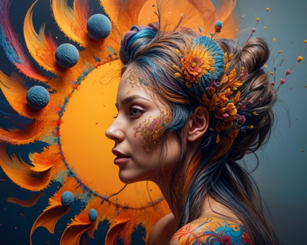Portrait of a woman with floral hair and vibrant colors