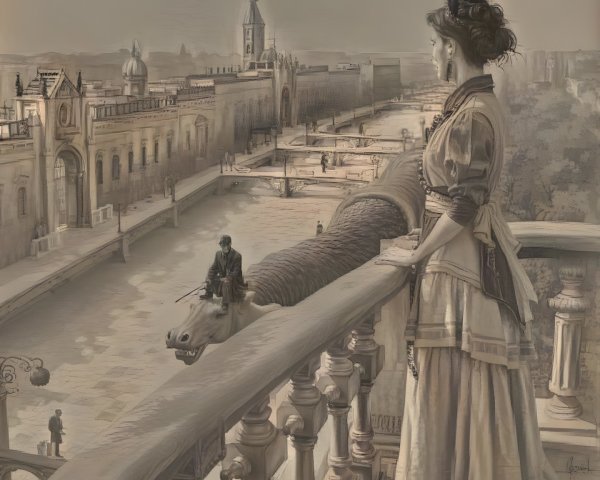 Vintage Attire Woman on Balcony Overlooking Cityscape
