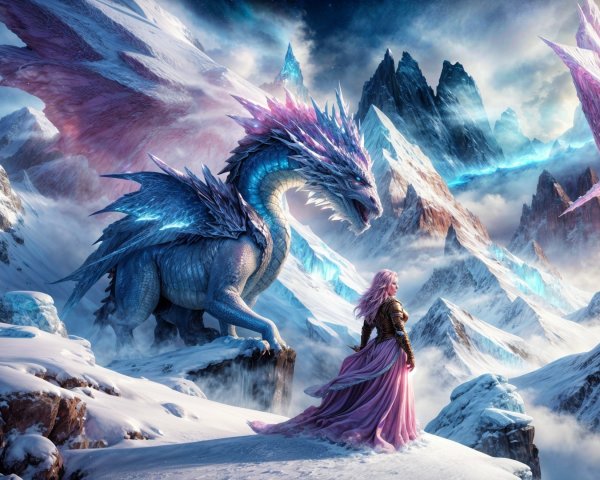 Majestic Blue Dragon in Icy Landscape with Mountains