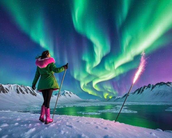 Woman in snowy landscape with aurora borealis and sparkler