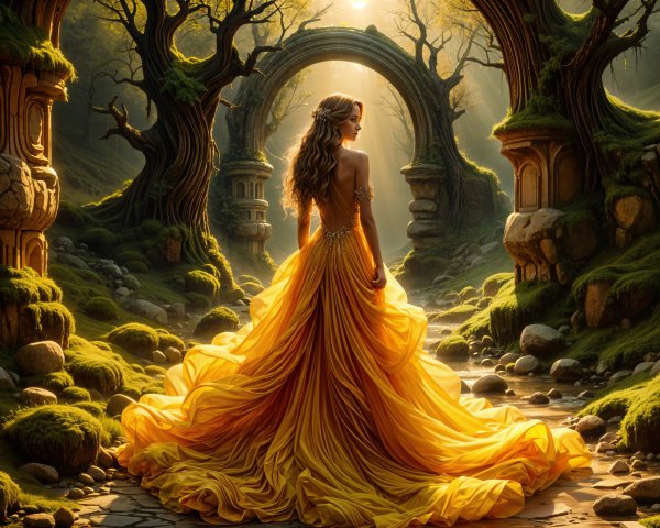 Woman in Yellow Gown in Enchanted Forest Scene