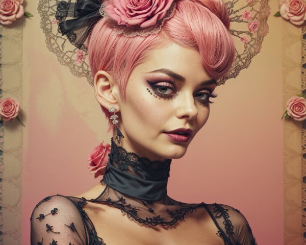 Portrait of a Woman with Pink Hair and Lace Dress