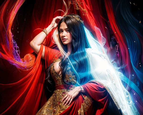 Elegant Woman in Red Gown with Celestial Backdrop