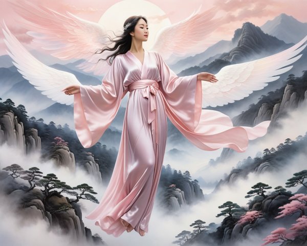 Asian Woman with Wings in Mountainous Landscape