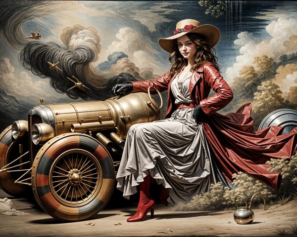 Glamorous Figure in Gray Dress on Vintage Car