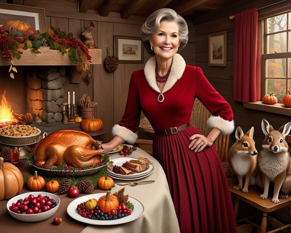 Cozy Autumn Kitchen with Thanksgiving Feast and Foxes