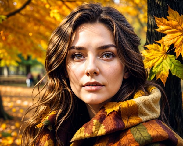 Young woman in autumn shawl among colorful leaves
