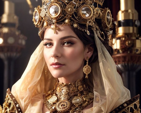 Regal figure in golden jewelry and steampunk setting