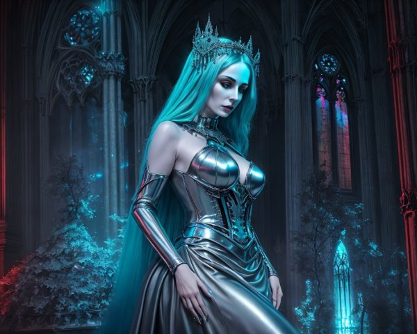 Gothic Setting with Female Figure in Silver Gown