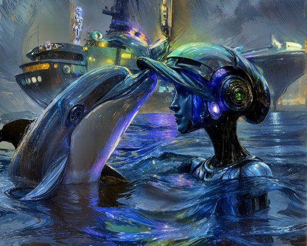 Humanoid Robot and Dolphin in Futuristic City Scene