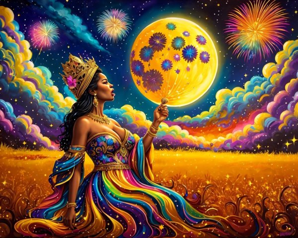 Fair-skinned Woman in Golden Field Under Starry Sky