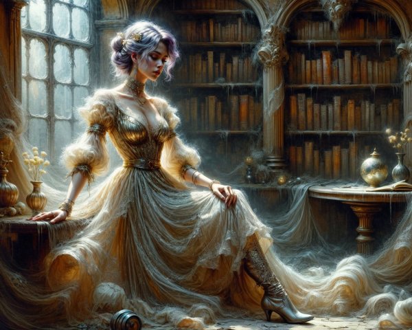 Ethereal Woman in Ornate Library Setting