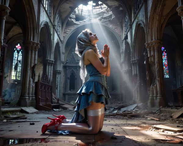 Young Woman Praying in Historic Church Interior