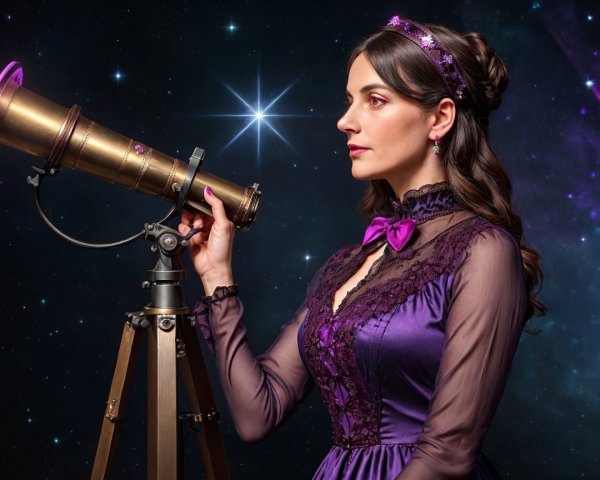 Woman in vintage dress with telescope in cosmic scene