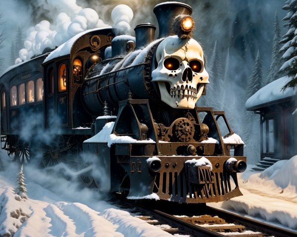 Ghostly Steam Locomotive in Snowy Forest Scene