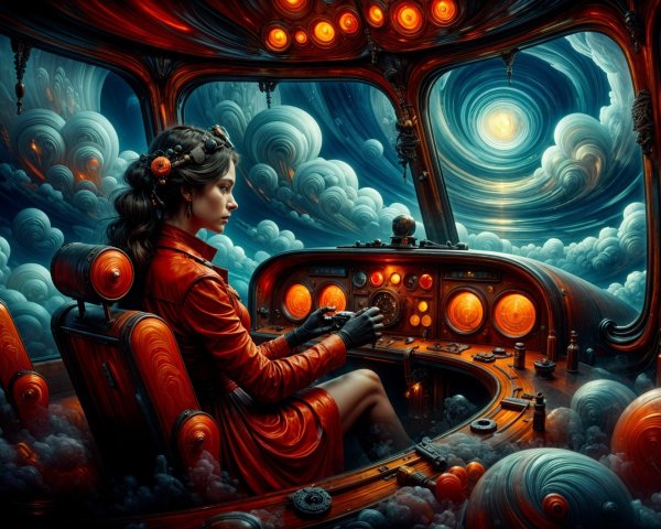 Woman in red coat at vintage control panel in clouds