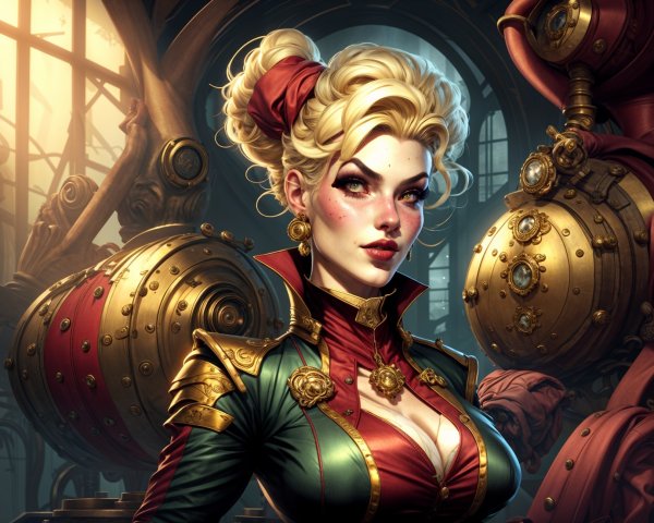 Elegant Woman in Steampunk Setting with Updo and Ribbon