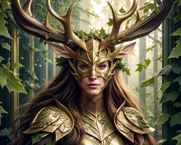 Mystical figure in golden armor in a lush forest