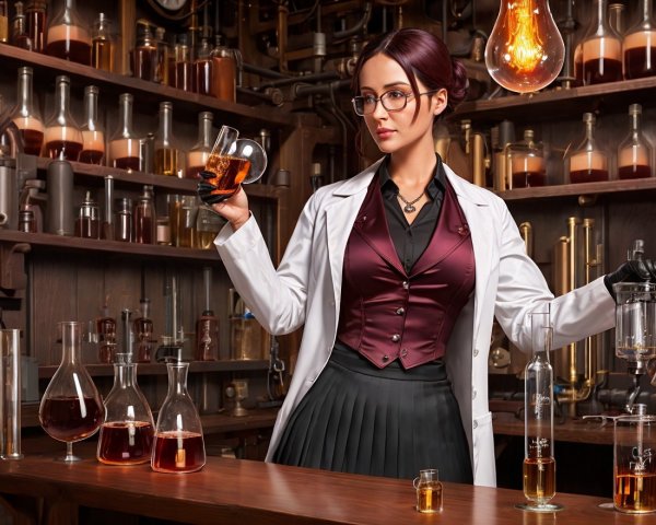 Female Scientist in Vintage Laboratory with Colorful Liquids