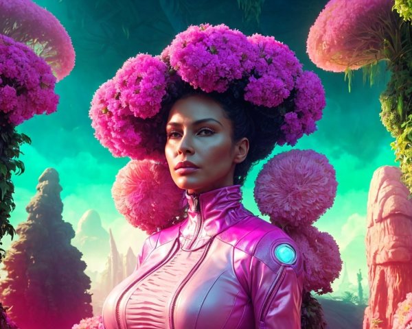 Woman in Futuristic Pink Outfit Amidst Colorful Landscape