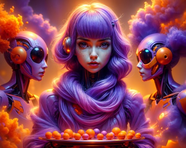 Surreal Futuristic Scene with Girl and Robots