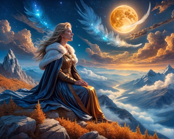 Majestic figure in gown under luminous full moon
