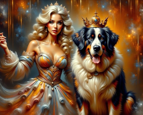 Regal Woman in Shimmering Gown with Majestic Dog