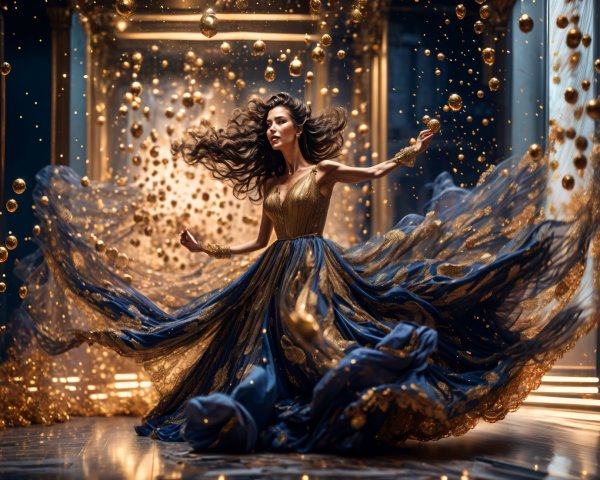 Woman in Luxurious Gown Twirling Among Shimmering Orbs