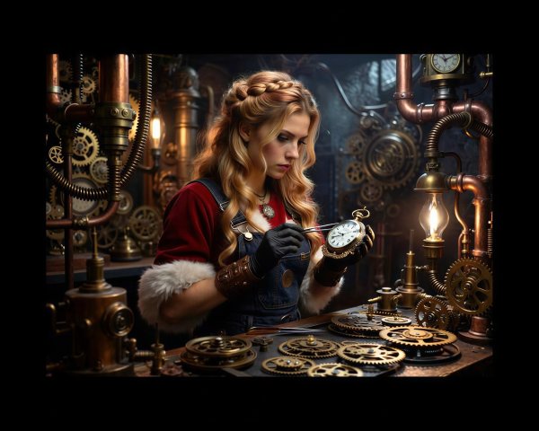 Steampunk-style digital painting of a woman repairing a watch