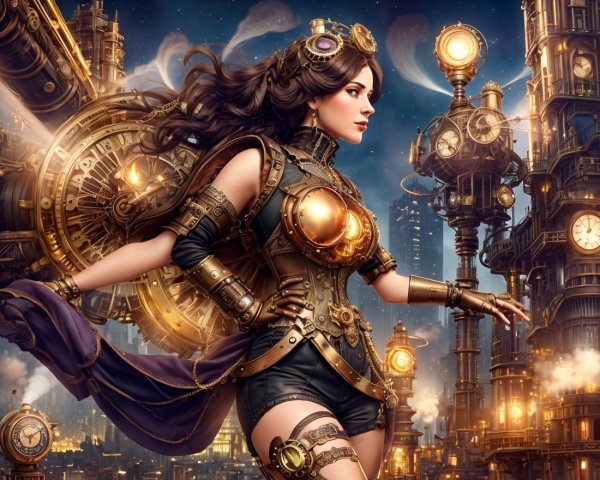 Steampunk Woman Amidst Clockwork Structures and Machinery