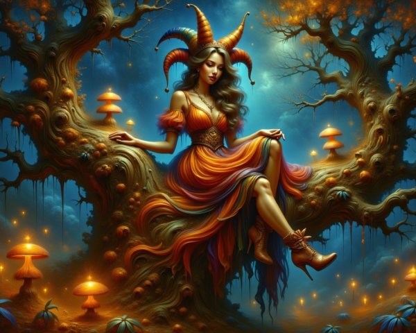 Mystic Figure on Tree Branch with Luminescent Mushrooms