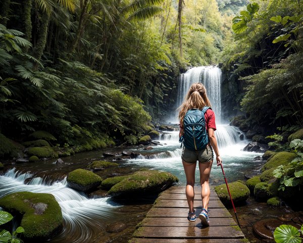 Hiker on Wooden Path in Lush Green Forest Scene