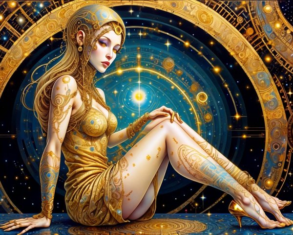 Ethereal Figure in Gold Dress Against Cosmic Backdrop