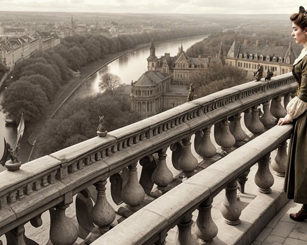 Woman in period attire on stone balcony overlooking landscape