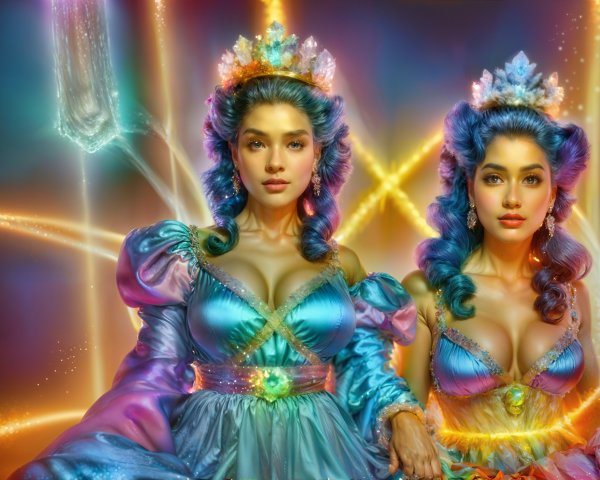Ethereal Figures in Vibrant Gowns with Magical Aura