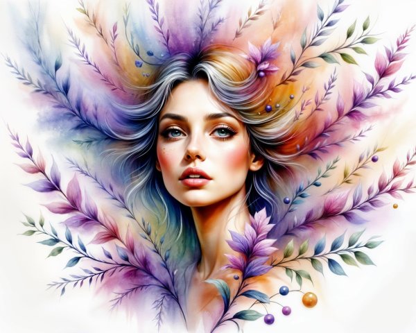 Ethereal Young Woman Amidst Colorful Leaves and Flowers